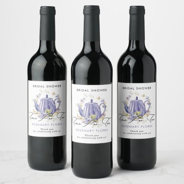 Time For Tea Purple Teapot Bridal Shower Wine Label (Bottles)