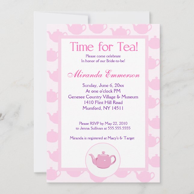 Time for Tea Teapot (Pink) Bridal Shower 5x7 Invitation (Front)