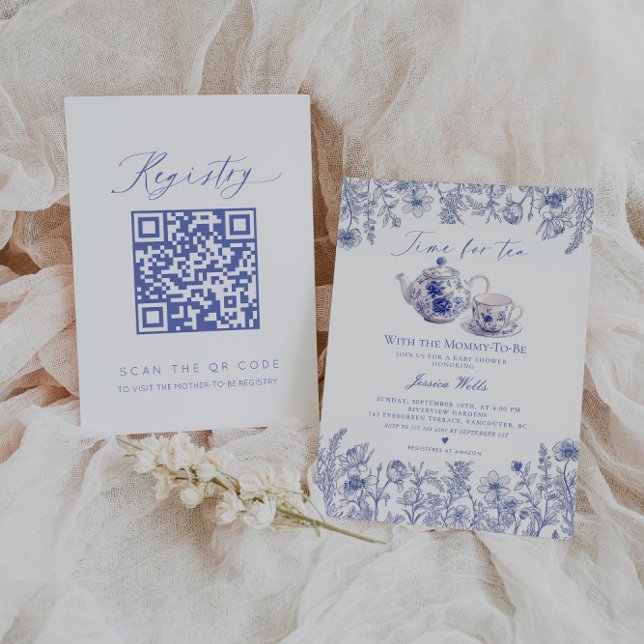 Time For Tea Toile QR code Registry Baby Shower Invitation (Creator Uploaded)
