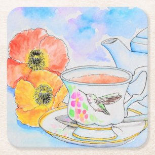 Time for Tea Watercolor Painting Square Paper Coaster