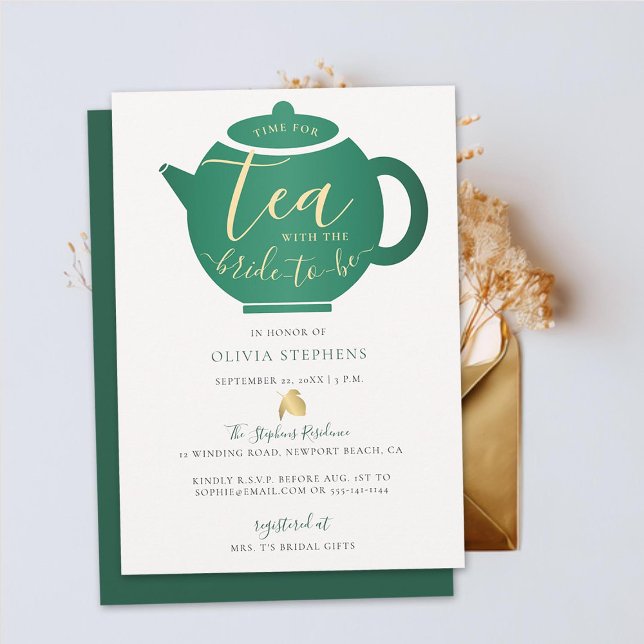 Time for Tea with Bride Emerald Gold Bridal Shower Invitation (time for tea with bride-to-be minimalist teapot elegant emerald gold bridal shower invitation chic)