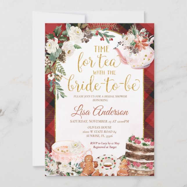 Time For Tea With Bride To Be Plaid Bridal Shower Invitation (Front)