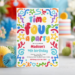 Time Four A Party Confetti Balloon 4th Birthday  Invitation