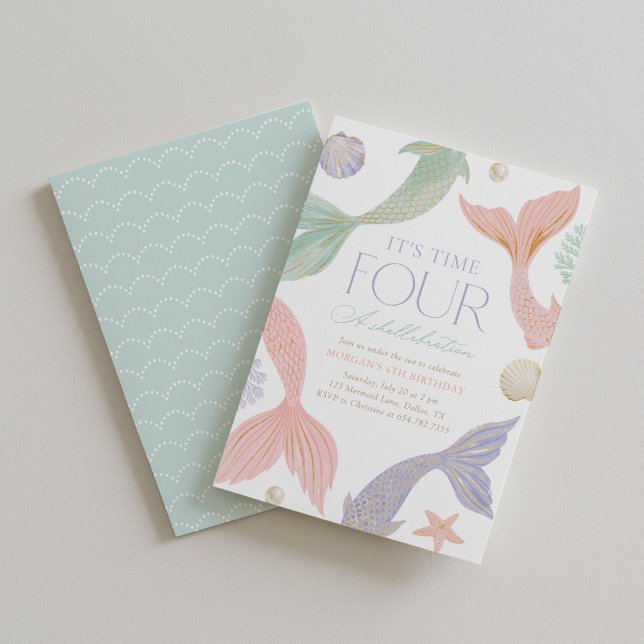 Time Four a Shellebration Mermaid 4th Birthday Invitation (Creator Uploaded)