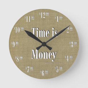 Time is Money Clock - White text on taupe texture