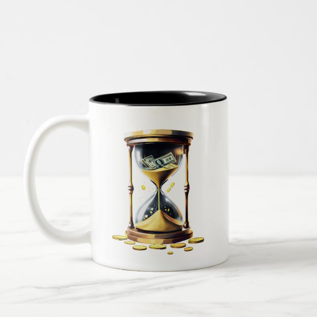Time Is Money Hourglass Gold Coins Entrepreneur Hu Two-Tone Coffee Mug (Left)