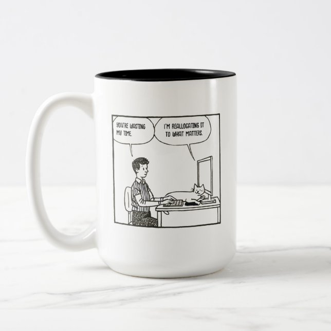 Time Management Cat Funny Office Humor Two-Tone Coffee Mug (Left)