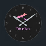 Time of Bats - Pink & Purple Abstract Pop Art Round Clock<br><div class="desc">Retro,  pop,  colourful creation of bats,  Round Clock.
Special theme of Pink & Purple colouring,  with simple but elegant icon styled art.
Original digital art by Raphael Studio - 'Bat'.
Retro pop style,  unique design.</div>