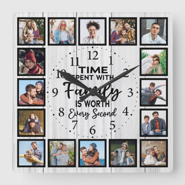 Time Spent With Family is worth, Rustic White wood Square Wall Clock (Front)