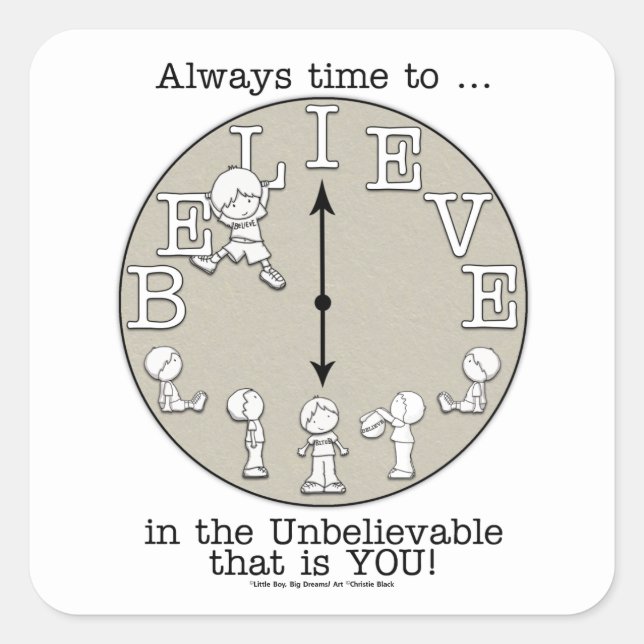 Time To Believe-Little Boy and Clock Square Sticker (Front)