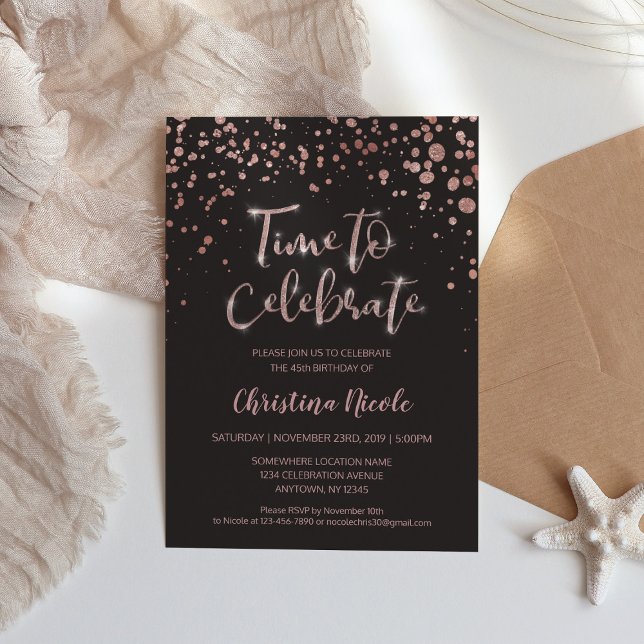 "Time to celebrate" Rose Gold Grey Simple Elegant Invitation (Creator Uploaded)