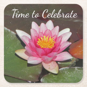 Time to Celebrate Water Lily Flower Celebration Square Paper Coaster