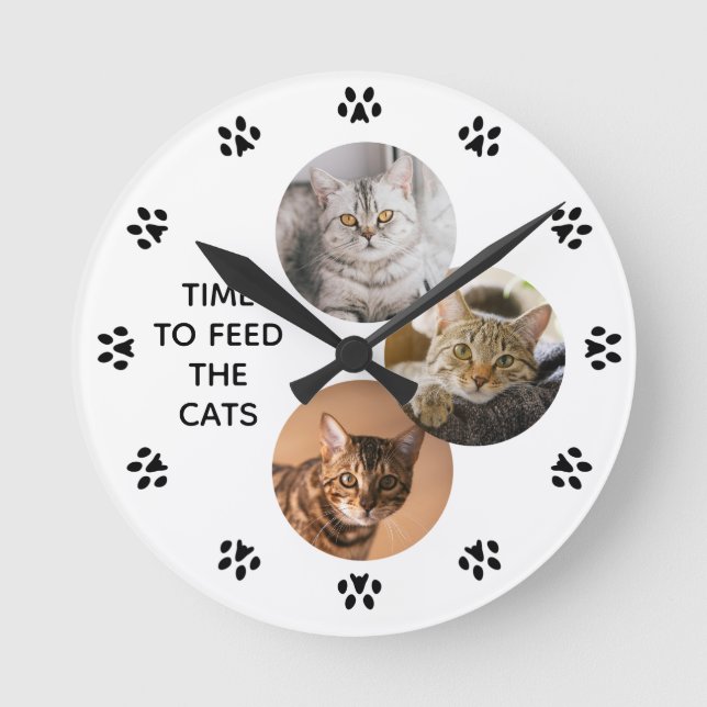 "Time To Feed the Cat" Cat Lovers Personalized Round Clock (Front)