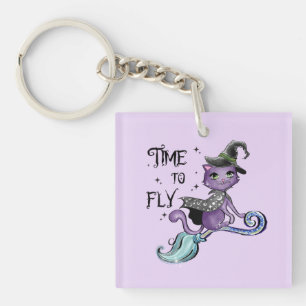 Time To Fly – Cute Purple Witch Cat Halloween Keychain