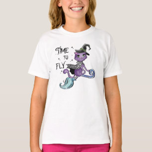 Time To Fly – Cute Purple Witch Cat Halloween T-Shirt