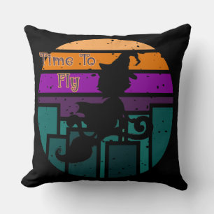 Time To Fly - Halloween Retro Sunset Witch Cat Throw Pillow