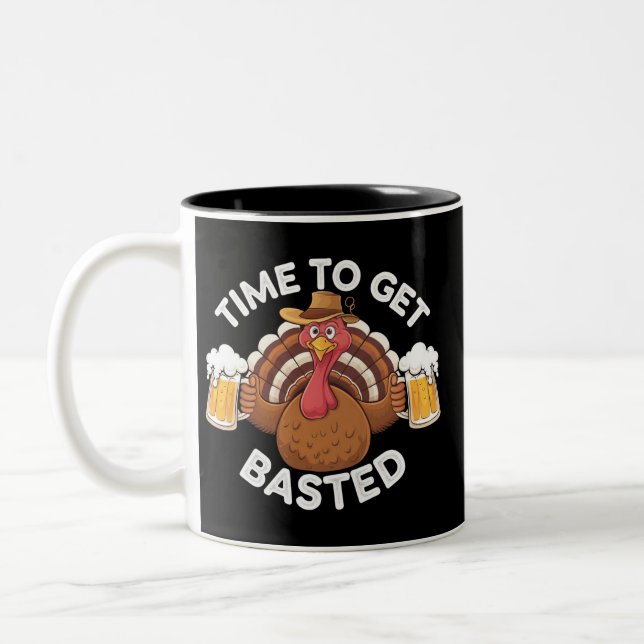 Time To Get Basted Funny Beer Thanksgiving Turkey  Two-Tone Coffee Mug (Left)