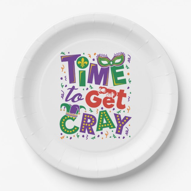 Time to Get Cray Crawfish Mardi Gras Paper Plate (Front)