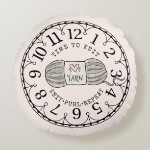 Time to Knit Yarn Clock Face  Round Pillow