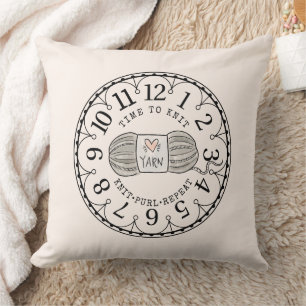 Time to Knit Yarn Clock Face  Throw Pillow