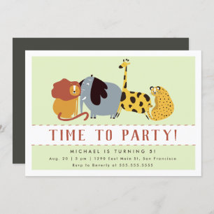 Time To Party! Cute Jungle Animals Kids Birthday Invitation