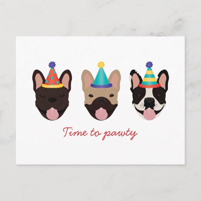 Time To Pawty French Bulldog Party Hats Red Postcard (Front)