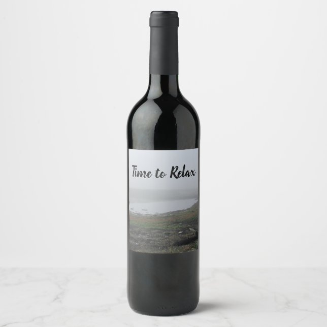 Time to Relax Beach Landscape Misty Morning Fog Wine Label (Front)