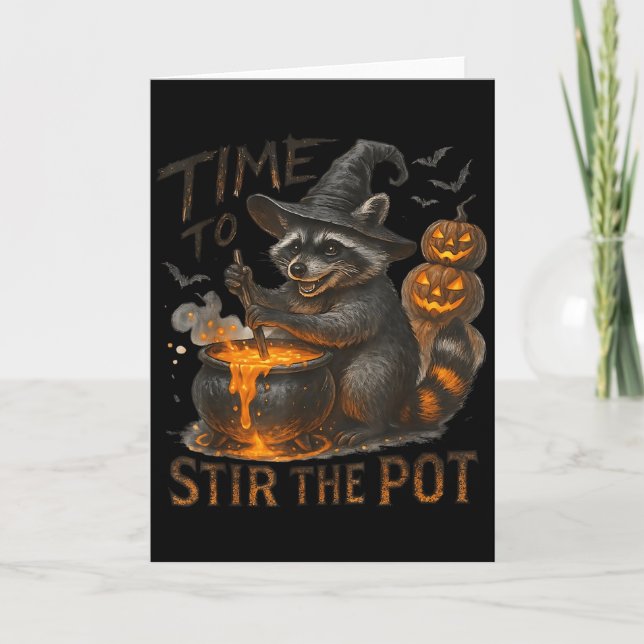 Time To Stir T Funny Raccoon Retro Halloween Anima Card (Front)