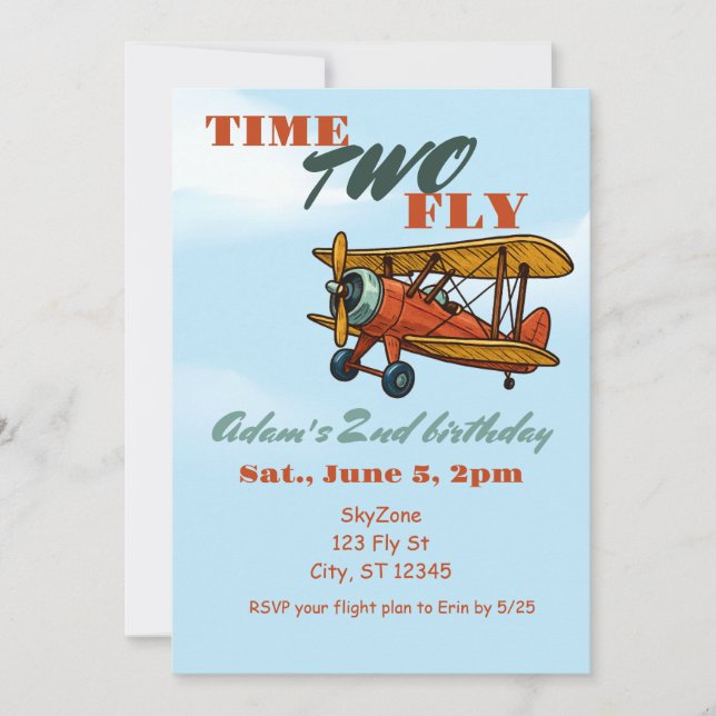 Time TWO Fly, Airplane 2nd birthday Invitation (Front)