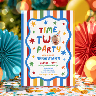 Time Two Party Colourful Boy 2nd Birthday Party  Invitation
