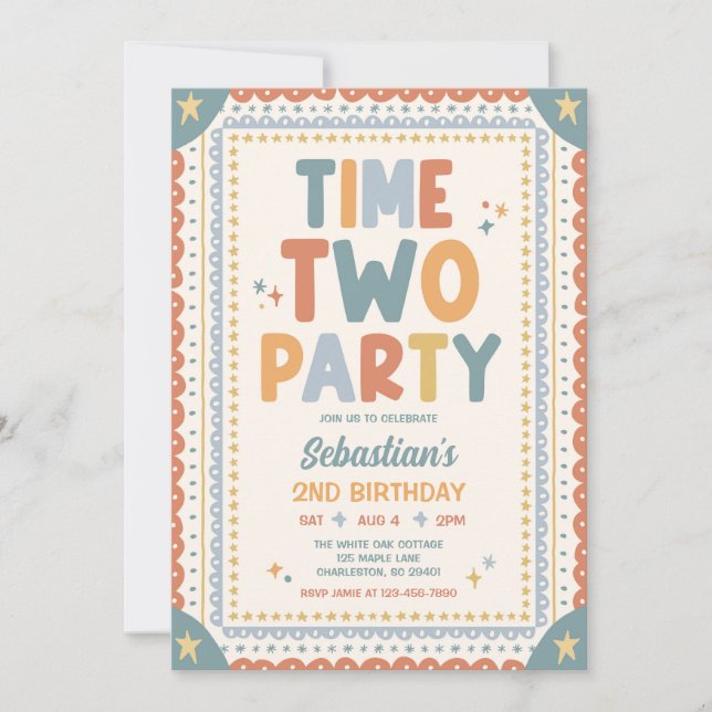 Time Two Party Whimsical Boy Second Birthday Party Invitation (Front)