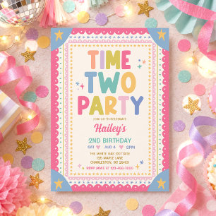 Time Two Party Whimsical Girl 2nd Birthday Party Invitation