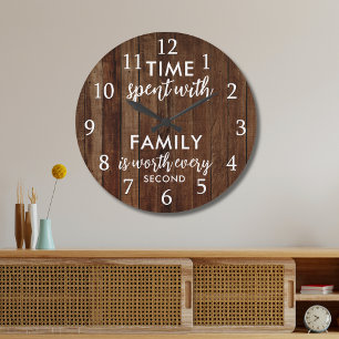 Time With Family Quote Typography Rustic Dark Wood Large Clock
