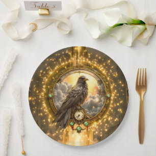 Timekeeper Raven – Gothic Clockwork  Paper Plate