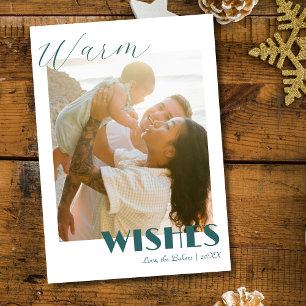 Timeles Teal Warm Wishes Two Beach Family Photo Holiday Card