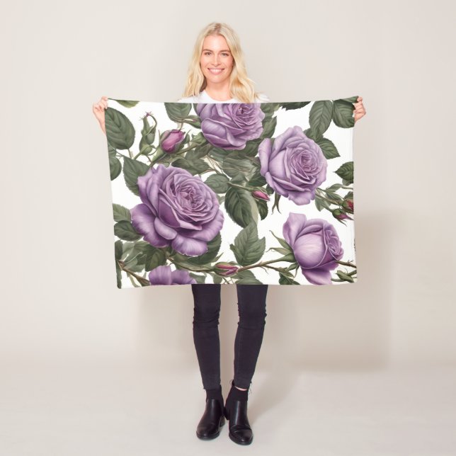 "Timeless Beauty: Purple Provincial Vintage Roses" Fleece Blanket (In Situ)