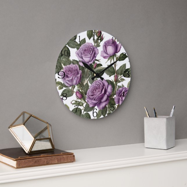 "Timeless Beauty: Purple Provincial Vintage Roses" Large Clock (Office)