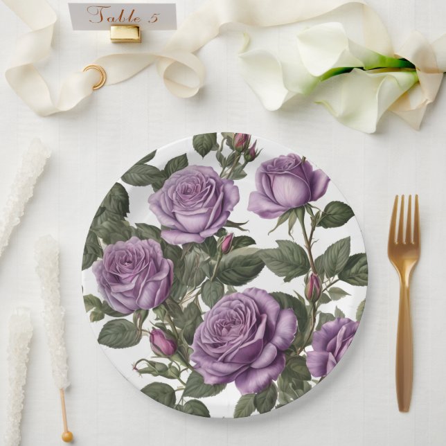 "Timeless Beauty: Purple Provincial Vintage Roses" Paper Plate (Wedding)