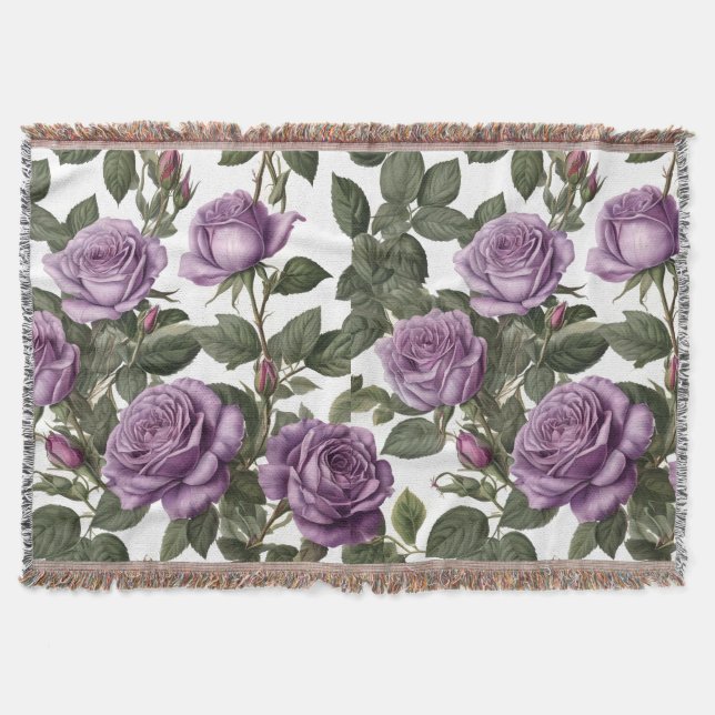 "Timeless Beauty: Purple Provincial Vintage Roses" Throw Blanket (Front)