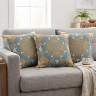 Timeless Beige Gold Blue Diamond Geometric Throw Pillow