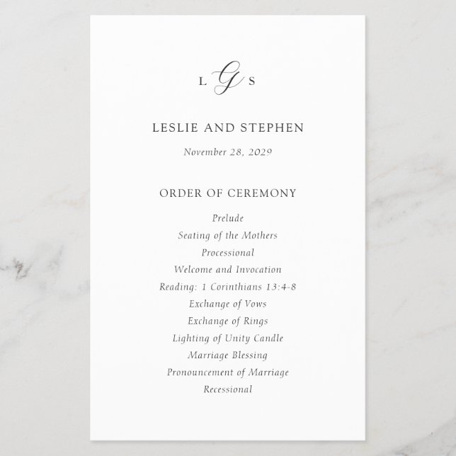 Timeless Black and White Budget Wedding Program (Front)