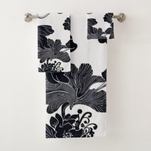 Timeless Black and White Elegant Florals Bath Towel Set