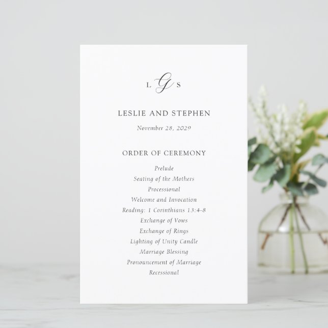 Timeless Black and White Elegant Wedding Program (Standing Front)
