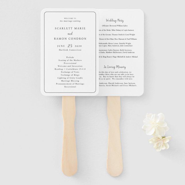 Timeless Black and White Elegant Wedding Program Hand Fan (Front and Back)