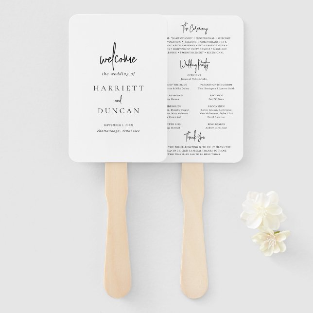Timeless Black and White Elegant Wedding Program Hand Fan (Front and Back)