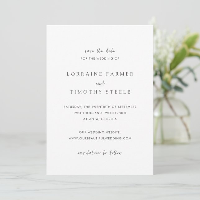 Timeless Black and White Elegant Wedding Save The Date (Standing Front)