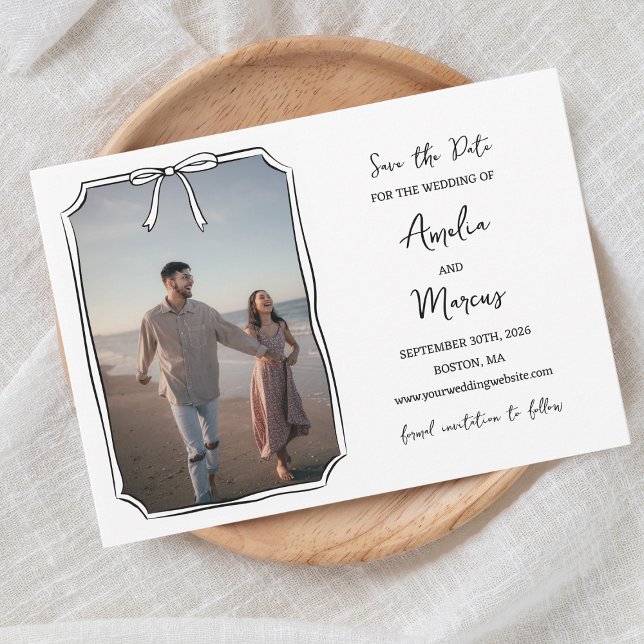 Timeless Black and White Minimalist Hand Drawn Bow Save The Date (Creator Uploaded)