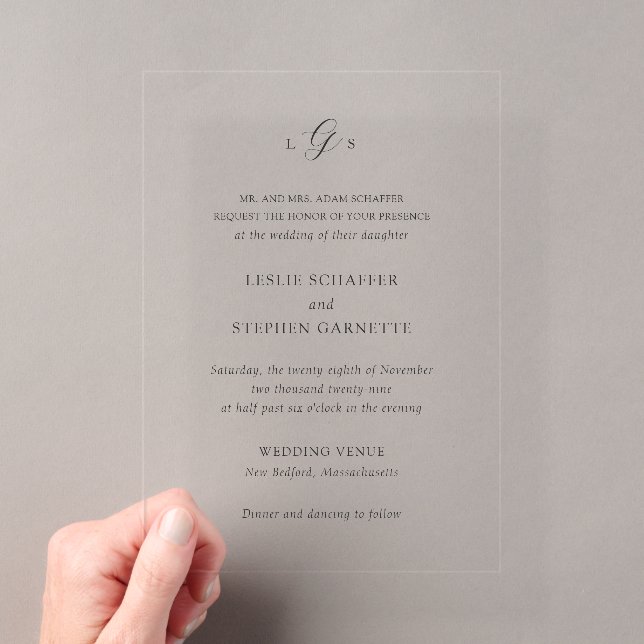Timeless Black and White Monogram Elegant Wedding Acrylic Invitations (Insitu (Handheld))