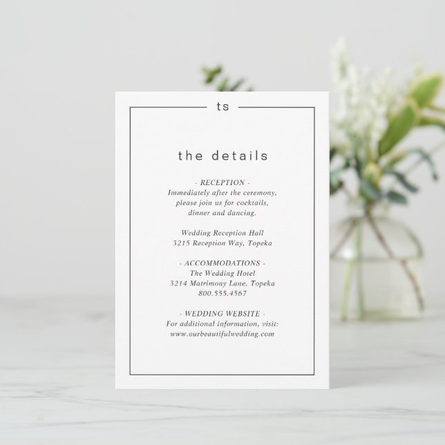 Timeless Black and White Monogram Modern Wedding Enclosure Card (Standing Front)