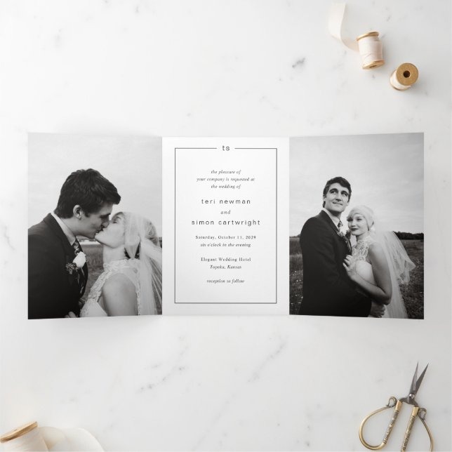 Timeless Black and White QR Code Modern Wedding Tri-Fold Invitation (Inside)